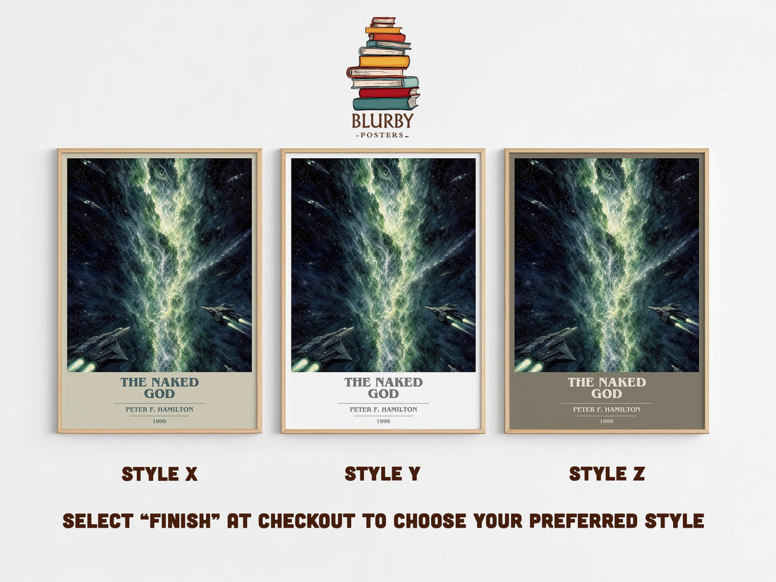 The Naked God book cover print in frame leaning in hallway – sci fi wall art (mockup)