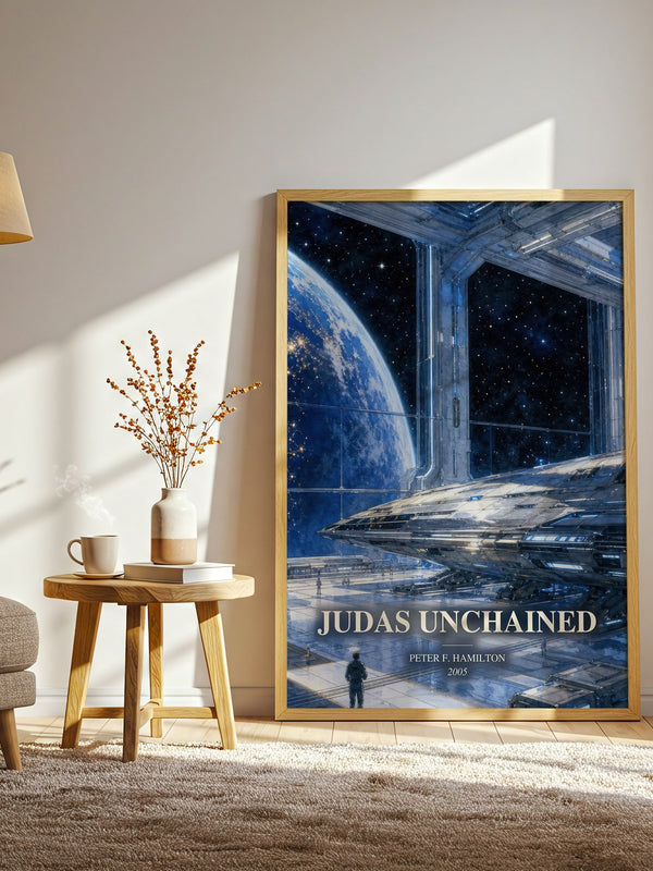 Judas Unchained watercolour print in frame leaning in hallway – sci fi wall art