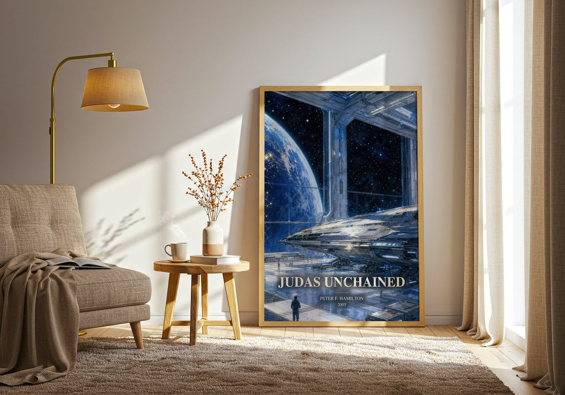 Judas Unchained watercolour print in frame leaning in hallway – sci fi wall art (mockup)