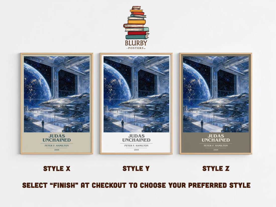 Judas Unchained book cover print in frame leaning in hallway – sci fi wall art (mockup)