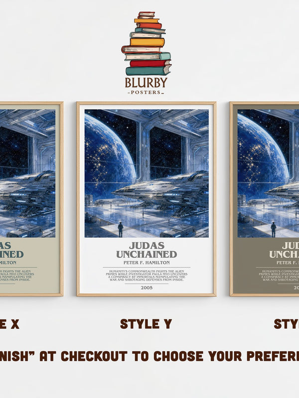 Judas Unchained bookish print in frame leaning in hallway – sci fi wall art