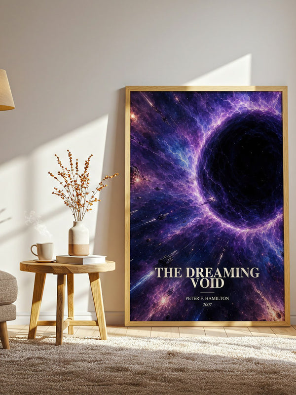 The Dreaming Void watercolour print in frame leaning in hallway – sci fi wall art
