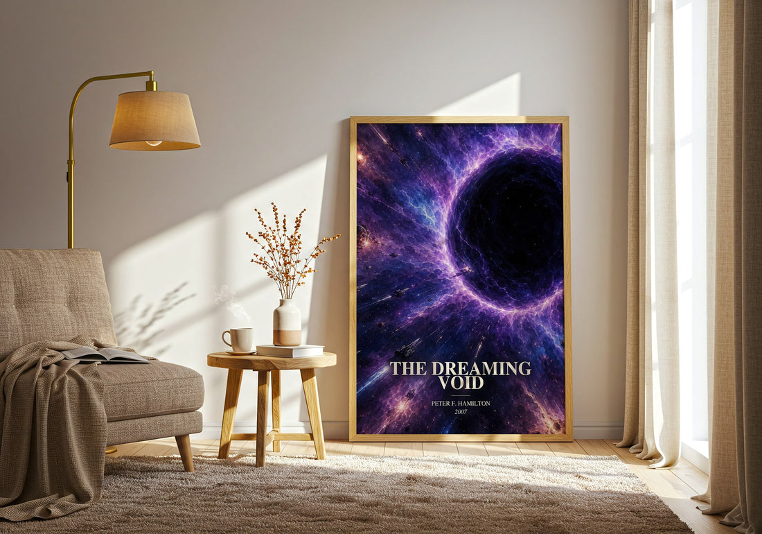 The Dreaming Void watercolour print in frame leaning in hallway – sci fi wall art (mockup)
