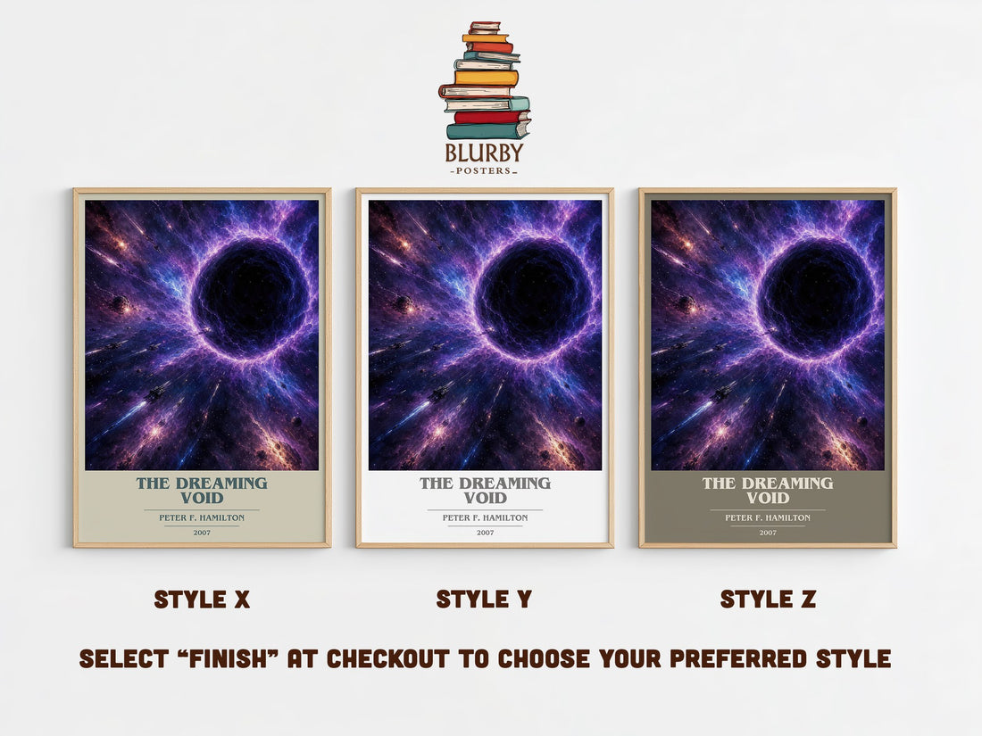 The Dreaming Void book cover print in frame leaning in hallway – sci fi wall art (mockup)