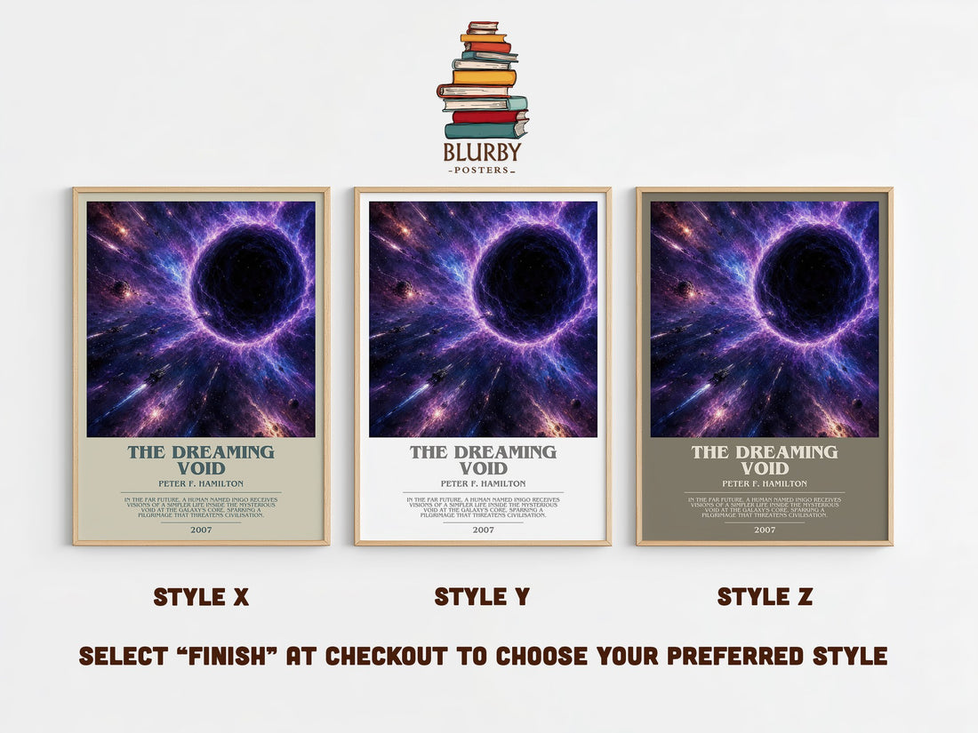 The Dreaming Void bookish print in frame leaning in hallway – sci fi wall art (mockup)