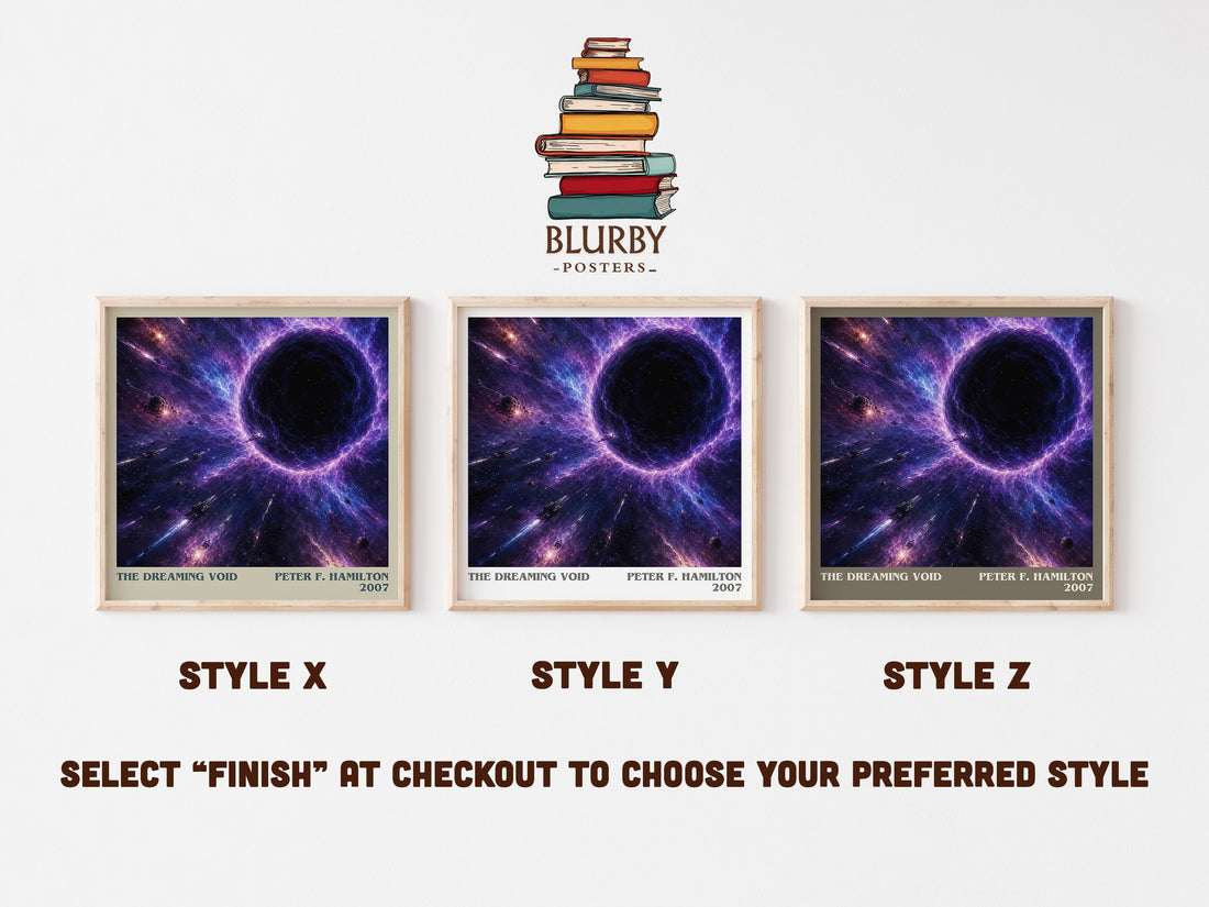 The Dreaming Void literary print in frame leaning in hallway – sci fi wall art (mockup)