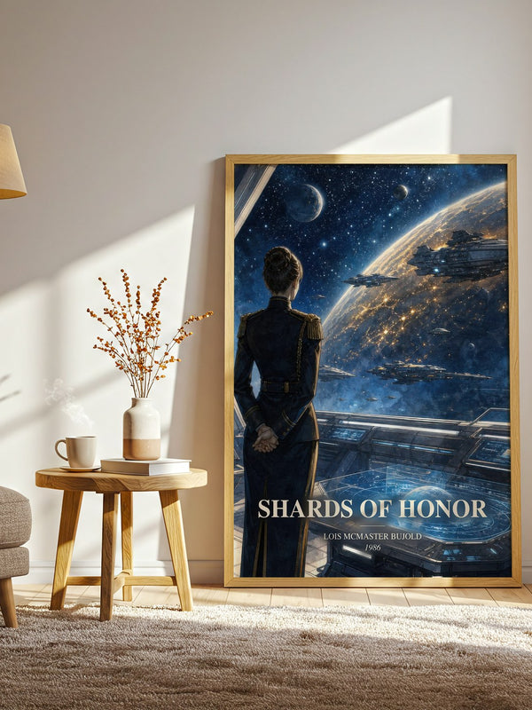 Shards of Honor watercolour print in frame leaning in hallway – sci fi wall art