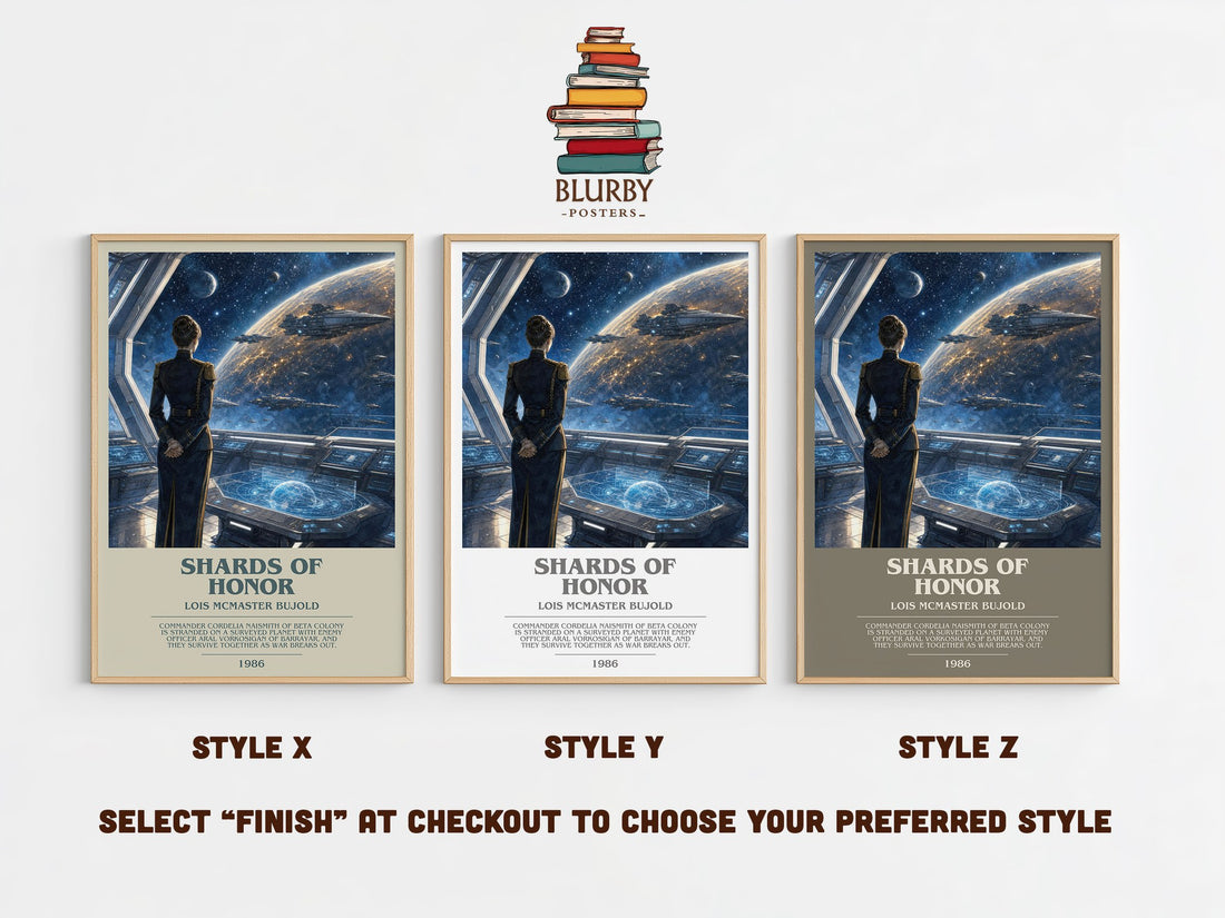 Shards of Honor bookish print in frame leaning in hallway – sci fi wall art (mockup)