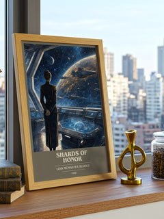 Shards of Honor book cover print framed by window – literary home decor