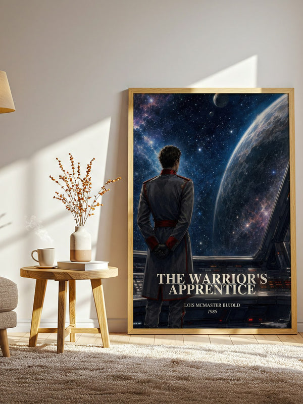 The Warrior's Apprentice watercolour print in frame leaning in hallway – sci fi wall art