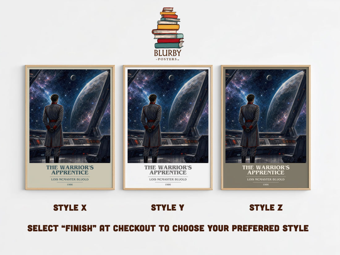The Warrior's Apprentice book cover print in frame leaning in hallway – sci fi wall art (mockup)