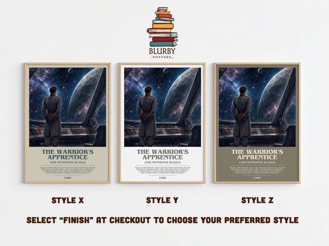 The Warrior's Apprentice bookish print in frame leaning in hallway – sci fi wall art (mockup)