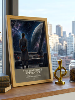The Warrior's Apprentice book cover print framed by window – literary home decor