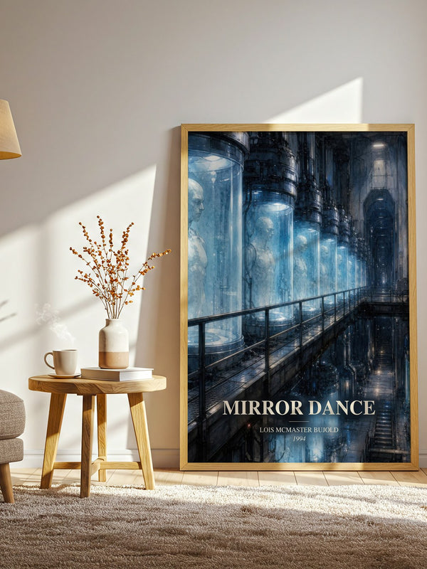 Mirror Dance watercolour print in frame leaning in hallway – sci fi wall art