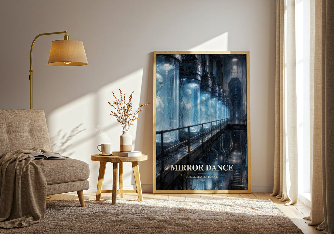 Mirror Dance watercolour print in frame leaning in hallway – sci fi wall art (mockup)