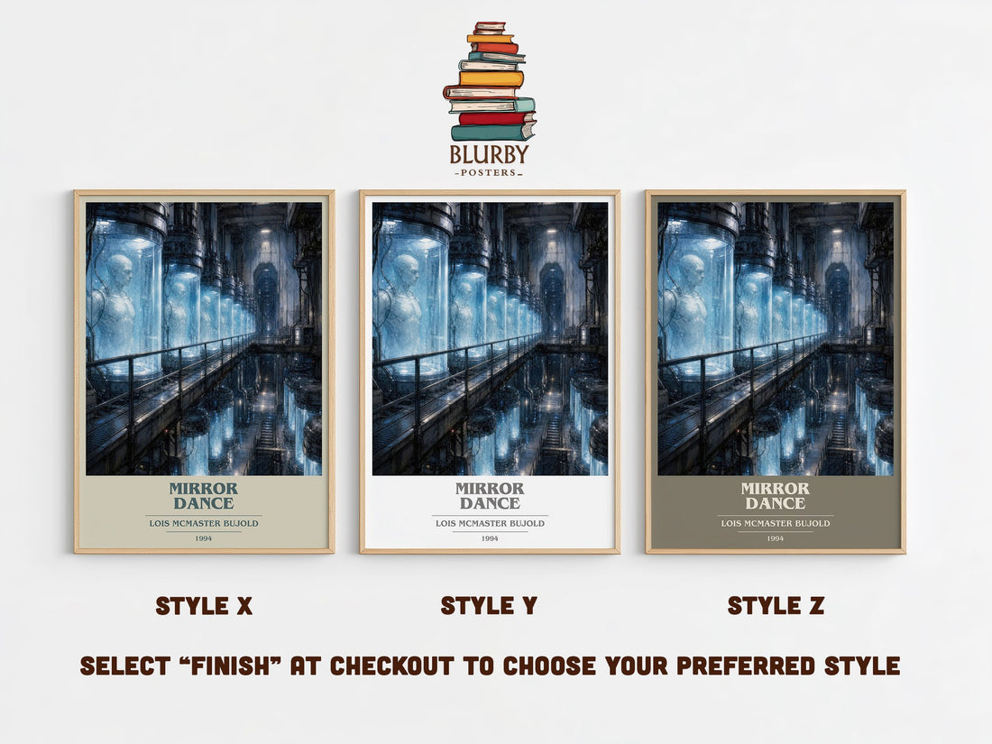 Mirror Dance book cover print in frame leaning in hallway – sci fi wall art (mockup)