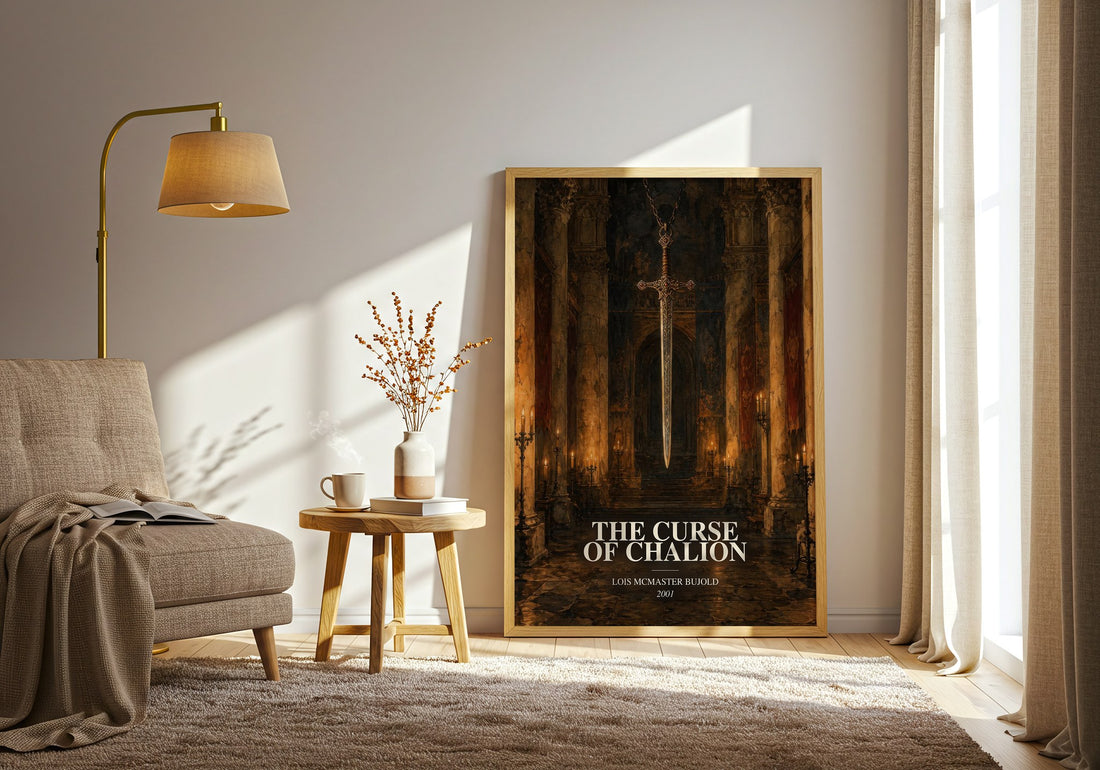 The Curse of Chalion watercolour print in frame leaning in hallway – fantasy wall art (mockup)