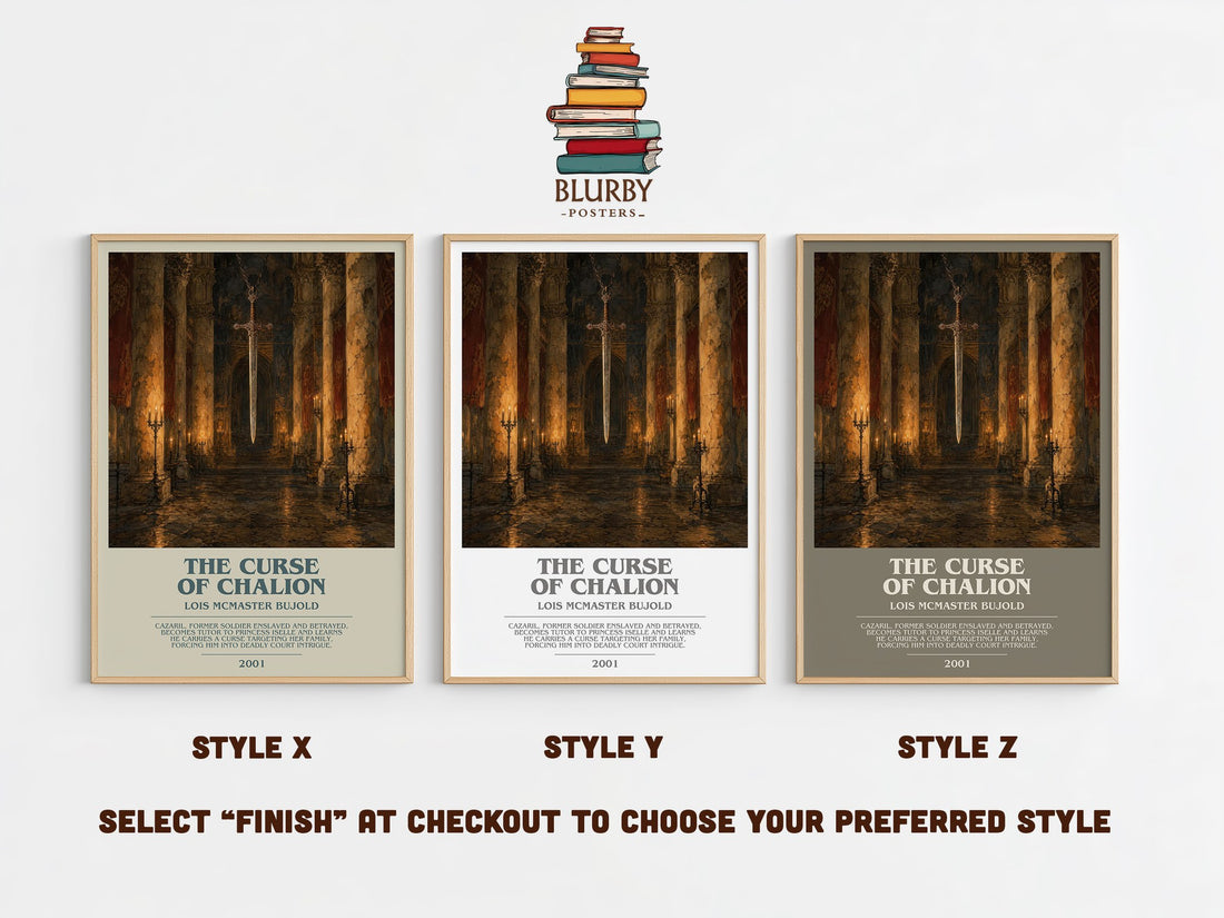 The Curse of Chalion bookish print in frame leaning in hallway – fantasy wall art (mockup)