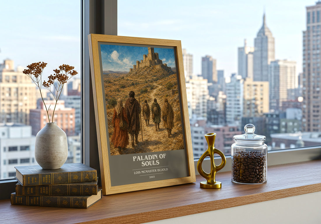 Paladin of Souls Book Cover Poster by Lois McMaster Bujold – framed print on a city-view windowsill