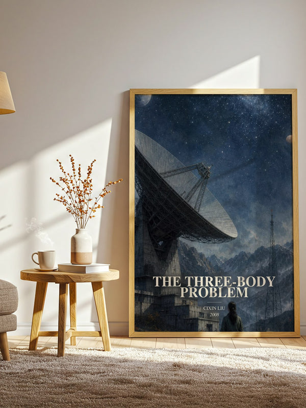 The Three-Body Problem watercolour print in frame leaning in hallway – sci fi wall art
