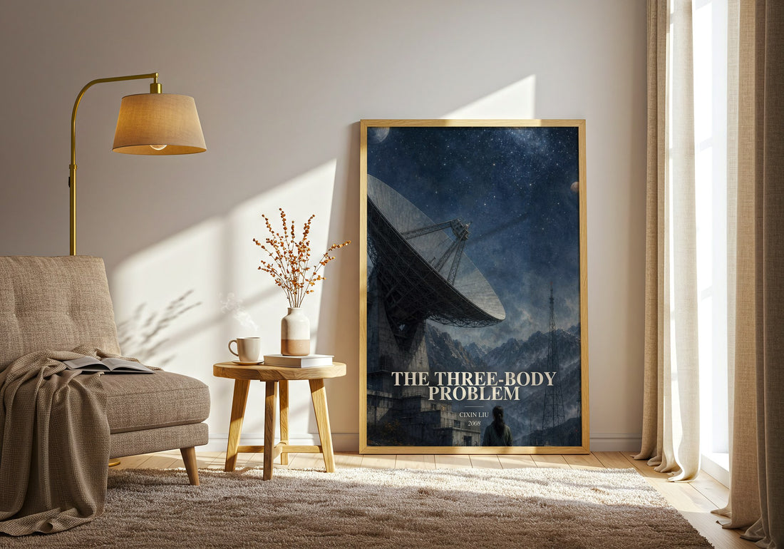 The Three-Body Problem watercolour print in frame leaning in hallway – sci fi wall art (mockup)