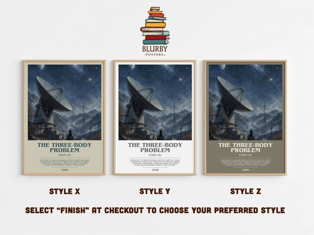 The Three-Body Problem bookish print in frame leaning in hallway – sci fi wall art (mockup)