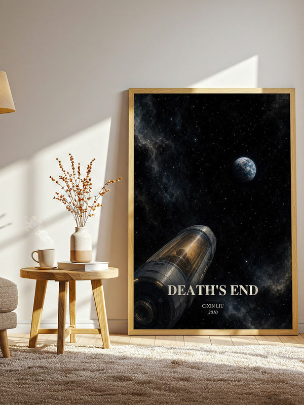 Death's End watercolour print in frame leaning in hallway – sci fi wall art