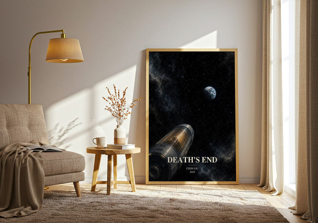 Death's End watercolour print in frame leaning in hallway – sci fi wall art (mockup)