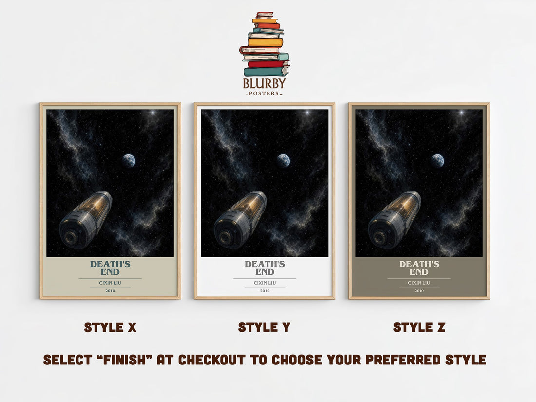 Death's End book cover print in frame leaning in hallway – sci fi wall art (mockup)