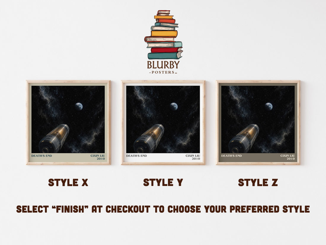 Death's End literary print in frame leaning in hallway – sci fi wall art (mockup)