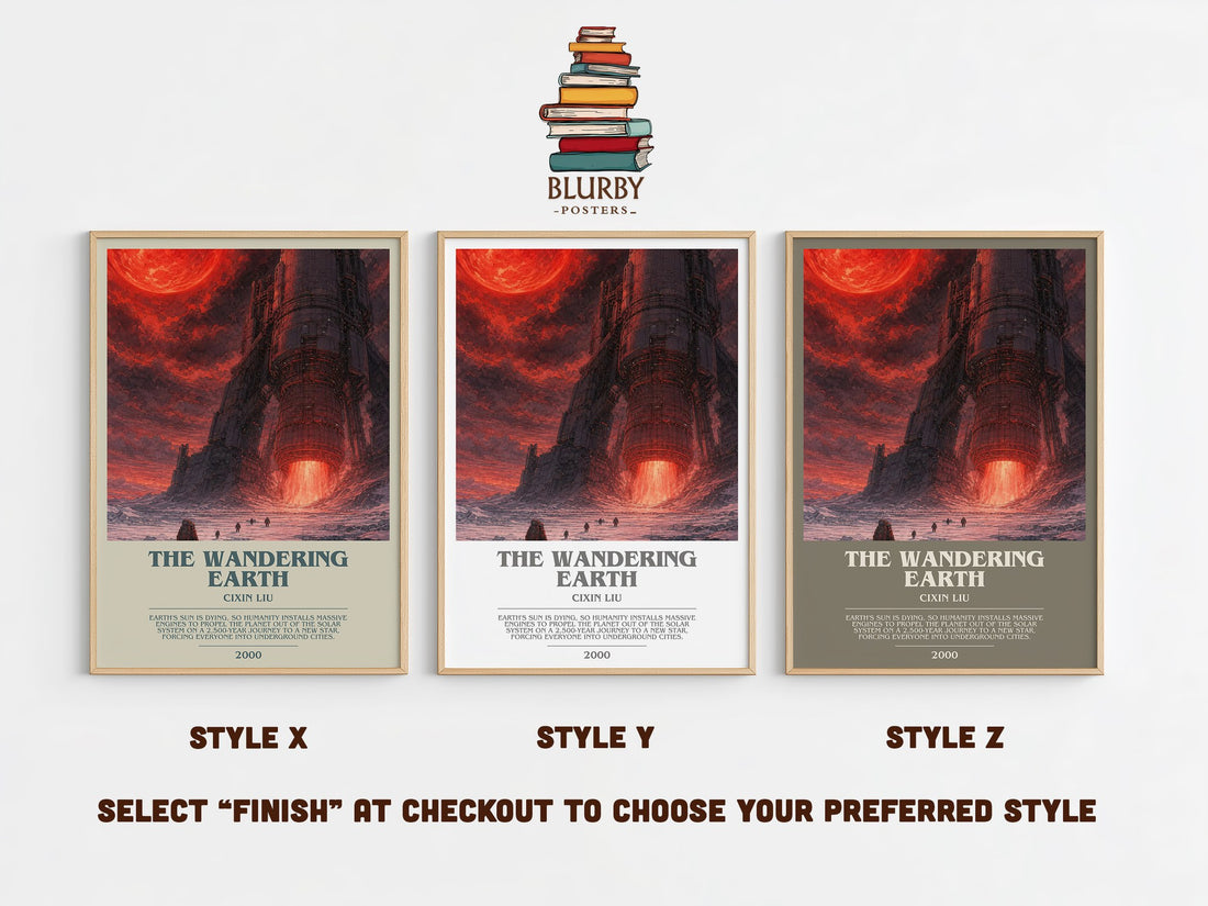The Wandering Earth bookish print in frame leaning in hallway – sci fi wall art (mockup)