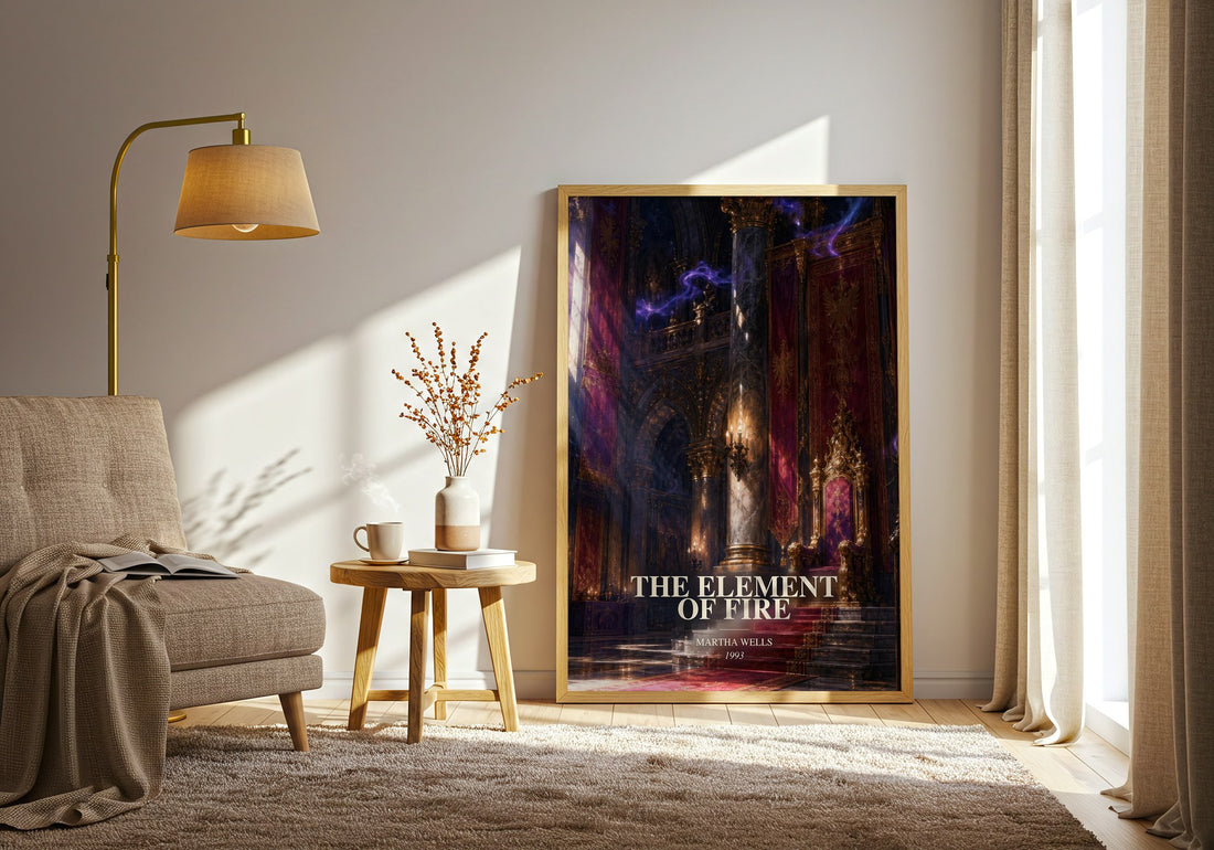 The Element of Fire watercolour print in frame leaning in hallway – fantasy wall art (mockup)