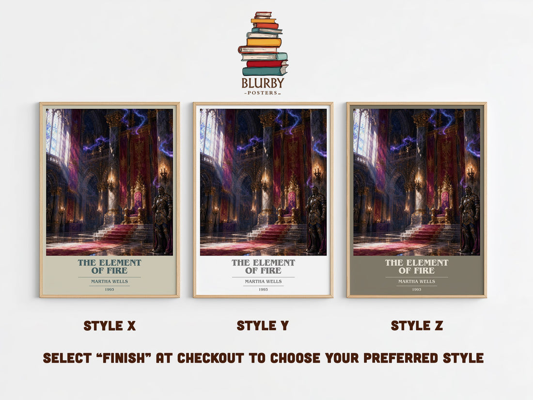 The Element of Fire book cover print in frame leaning in hallway – fantasy wall art (mockup)
