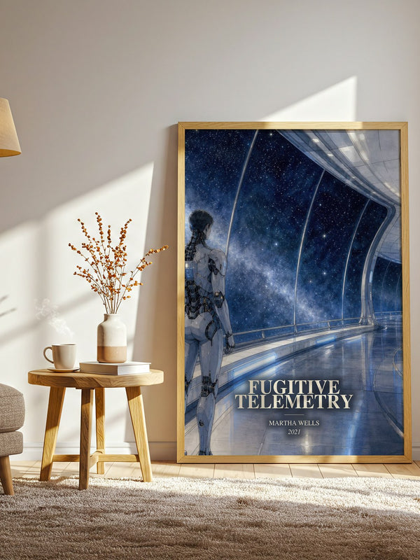 Fugitive Telemetry watercolour print in frame leaning in hallway – sci fi wall art