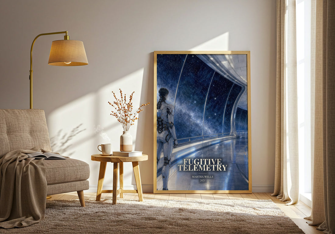 Fugitive Telemetry watercolour print in frame leaning in hallway – sci fi wall art (mockup)