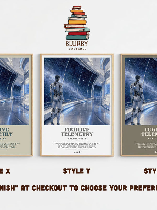 Fugitive Telemetry bookish print in frame leaning in hallway – sci fi wall art