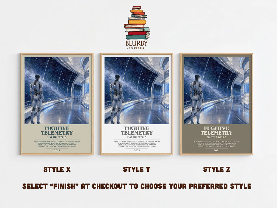 Fugitive Telemetry bookish print in frame leaning in hallway – sci fi wall art (mockup)