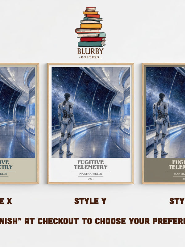 Fugitive Telemetry book cover print in frame leaning in hallway – sci fi wall art