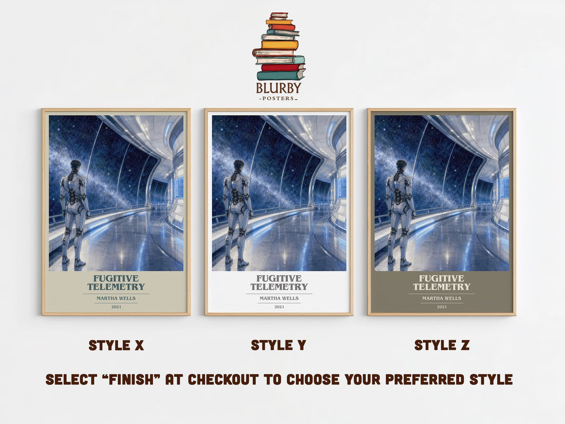 Fugitive Telemetry book cover print in frame leaning in hallway – sci fi wall art (mockup)