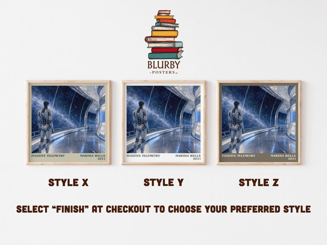 Fugitive Telemetry literary print in frame leaning in hallway – sci fi wall art (mockup)