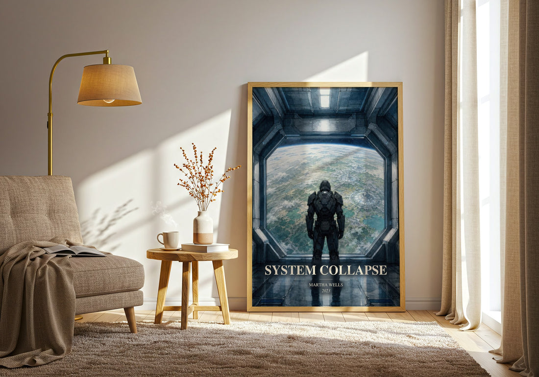 System Collapse watercolour print in frame leaning in hallway – sci fi wall art (mockup)