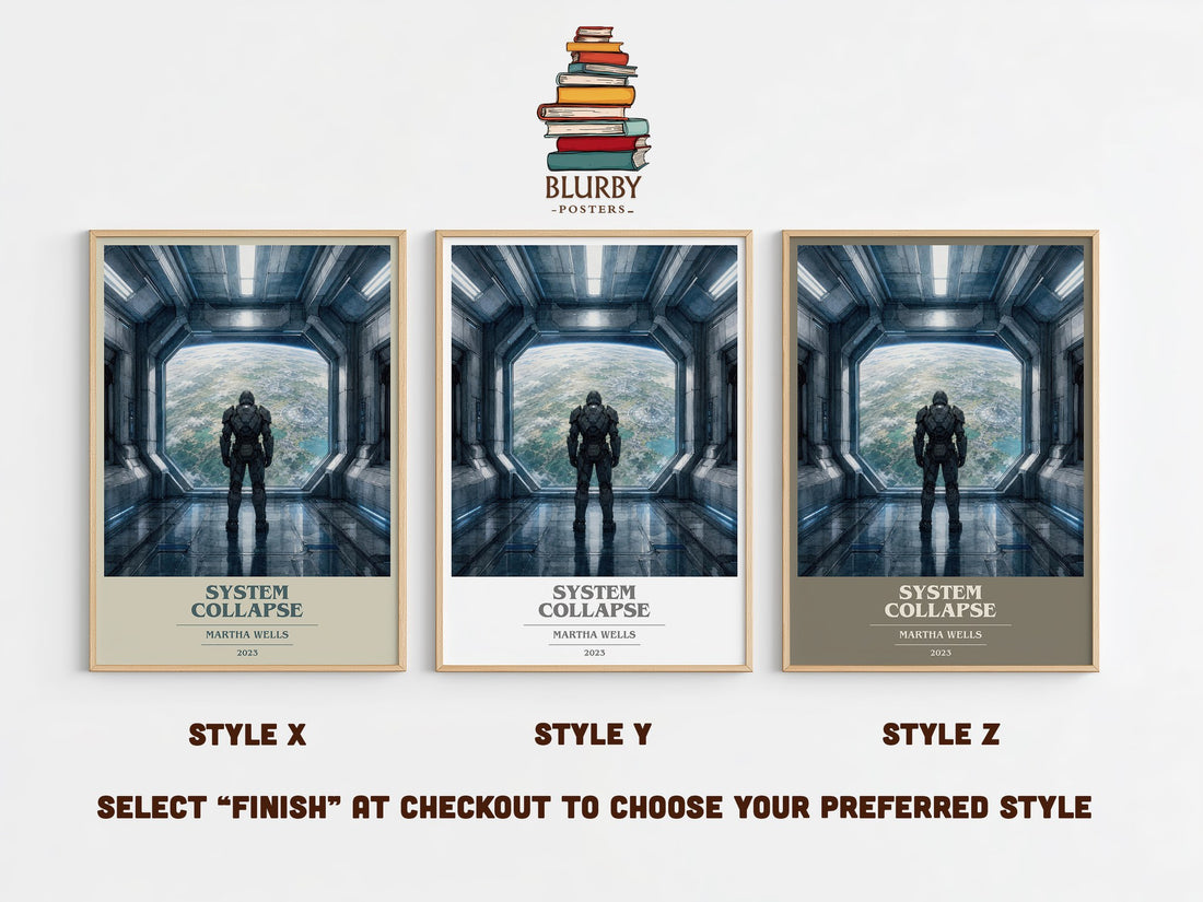 System Collapse book cover print in frame leaning in hallway – sci fi wall art (mockup)