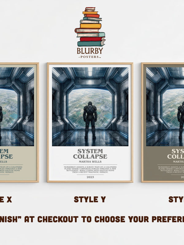 System Collapse bookish print in frame leaning in hallway – sci fi wall art