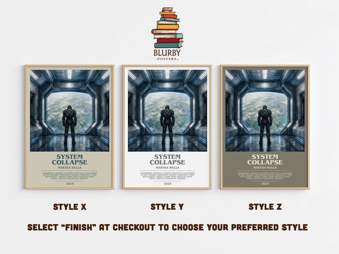 System Collapse bookish print in frame leaning in hallway – sci fi wall art (mockup)