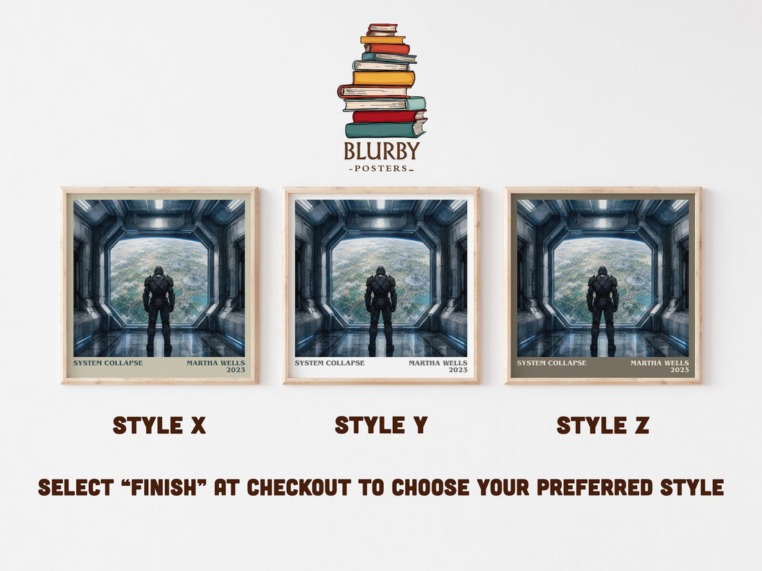 System Collapse literary print in frame leaning in hallway – sci fi wall art (mockup)