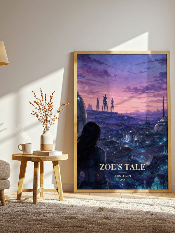 Zoe's Tale watercolour print in frame leaning in hallway – sci fi wall art