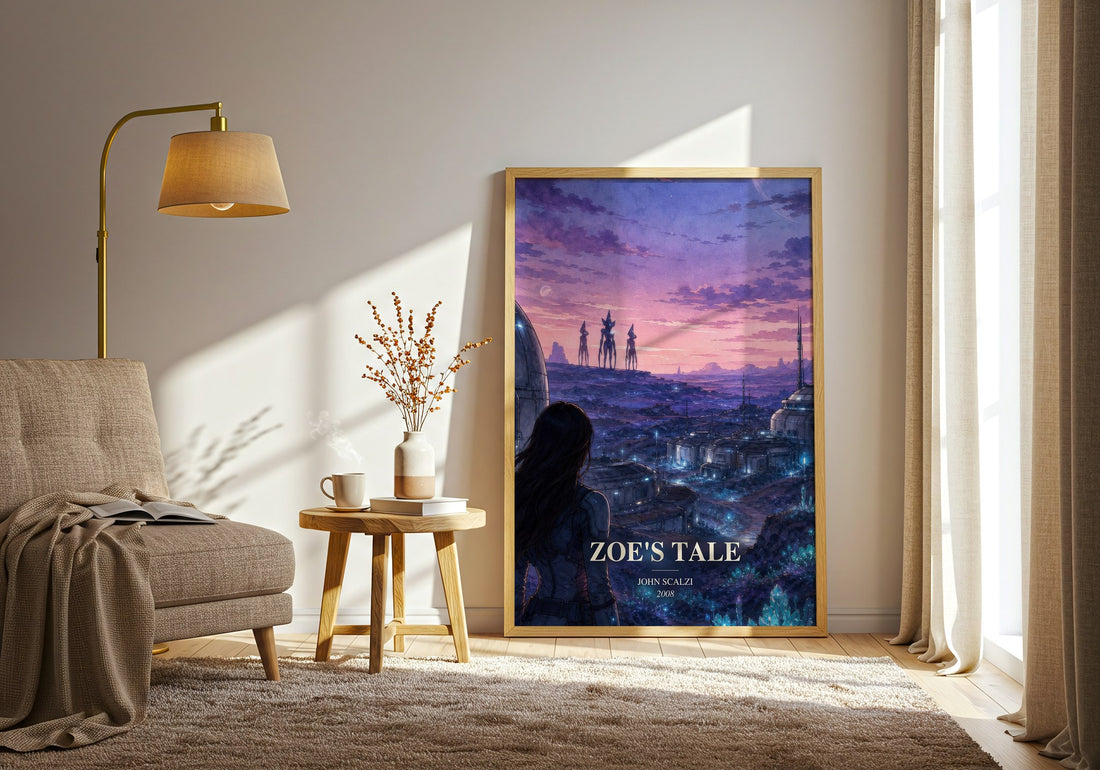 Zoe's Tale watercolour print in frame leaning in hallway – sci fi wall art (mockup)