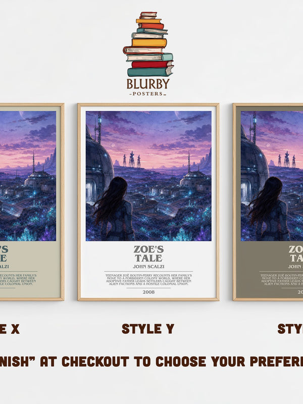 Zoe's Tale bookish print in frame leaning in hallway – sci fi wall art