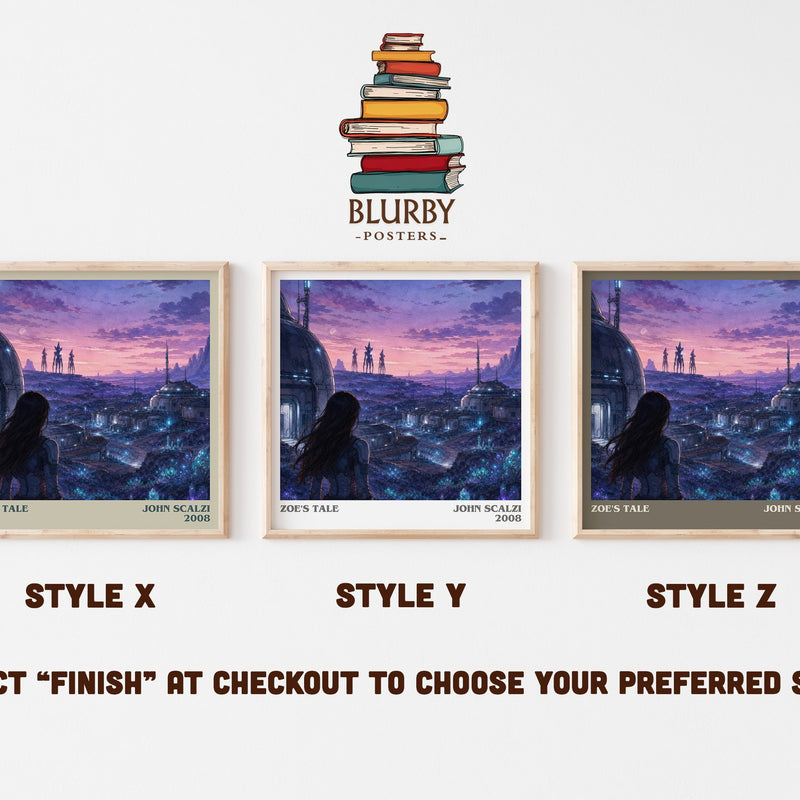 Zoe's Tale literary print in frame leaning in hallway – sci fi wall art