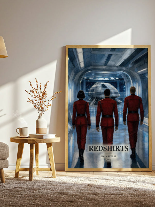 Redshirts watercolour print in frame leaning in hallway – sci fi wall art